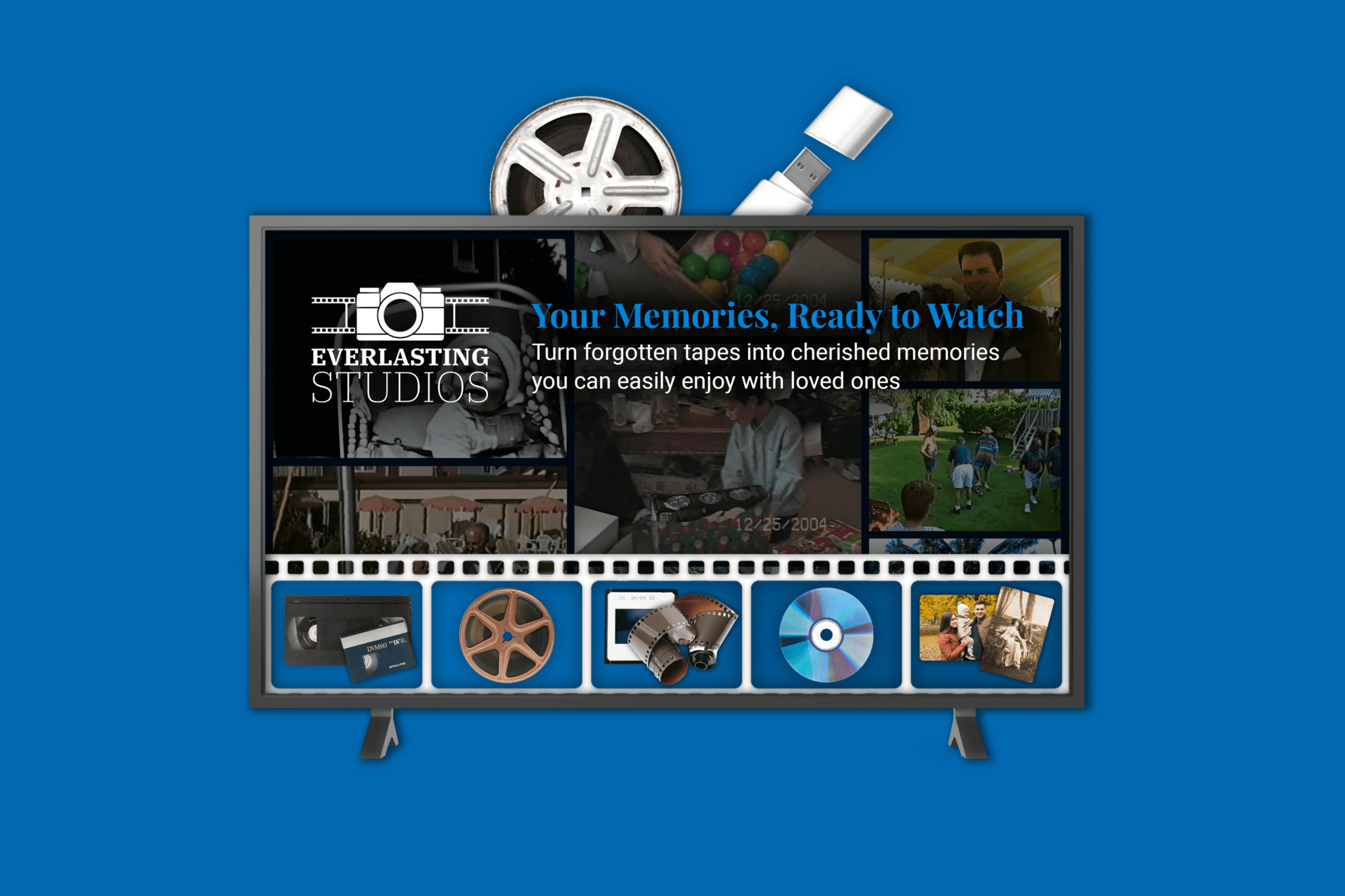 Digitize Films & Photos | Preserve Memories with Everlasting Studios 4 TV showing digitized film footage with cloud features and film formats