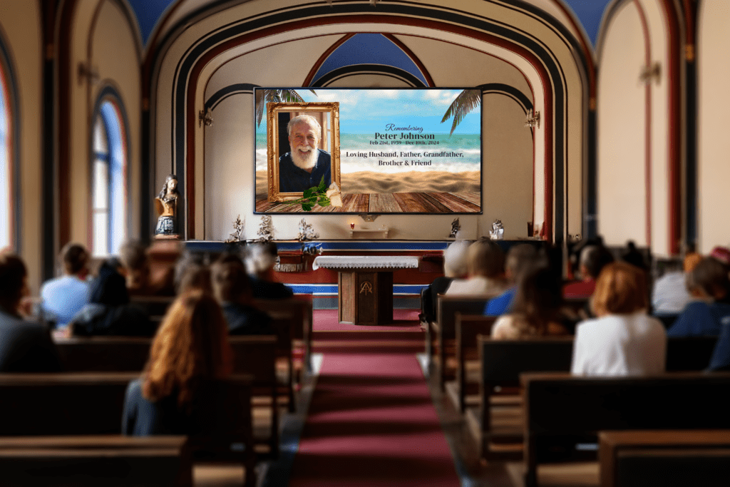 The healing effects of voiceovers in memorial video storytelling 1 Funeral service with people watching memorial slideshow