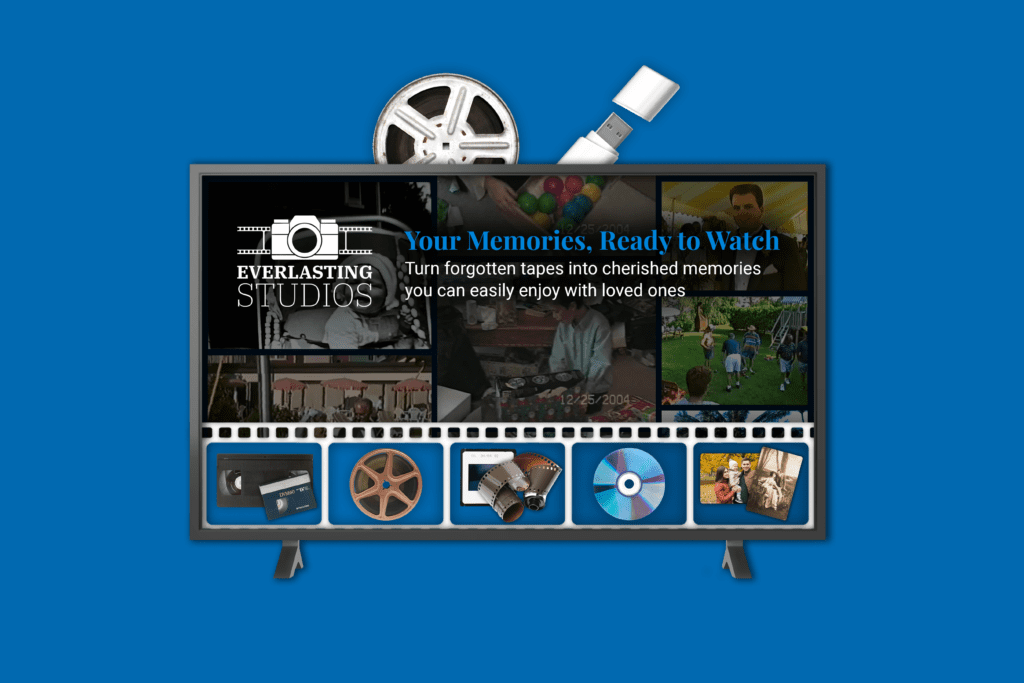 TV showing digitized film footage with cloud features and film formats