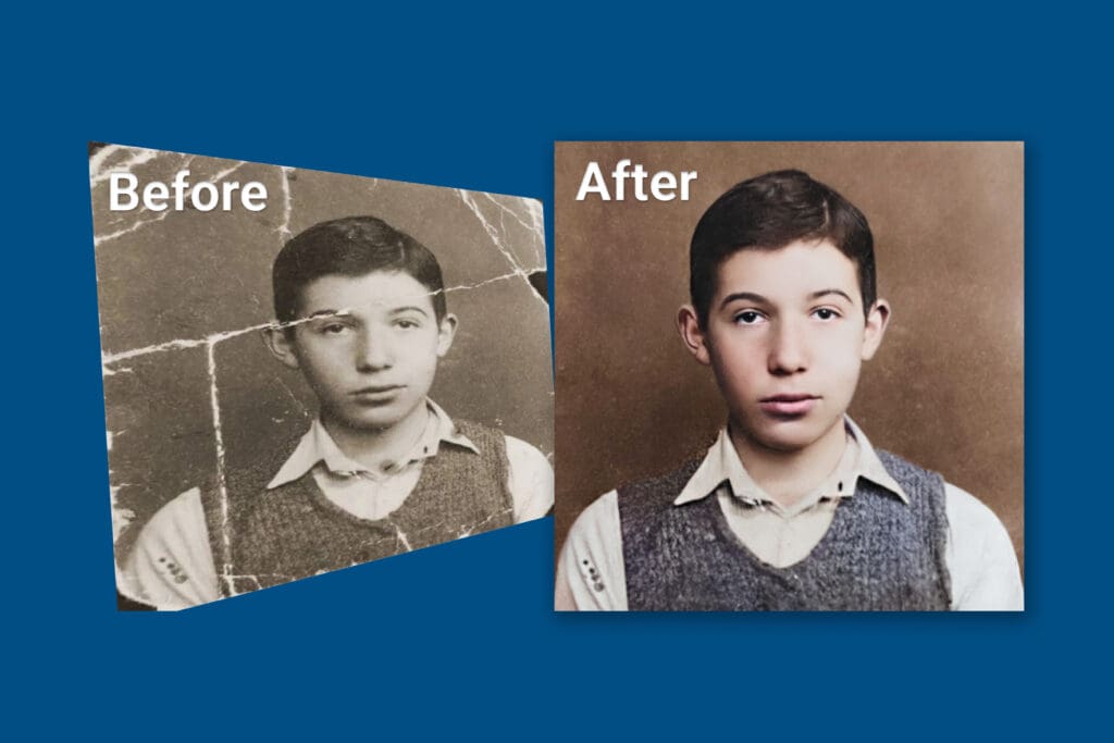 Before and after of old vintage photo being restored