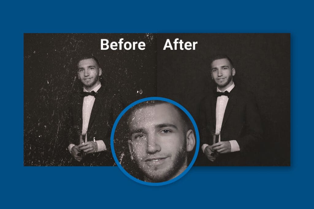 Before and after image of a young man in Black & White with dust removed