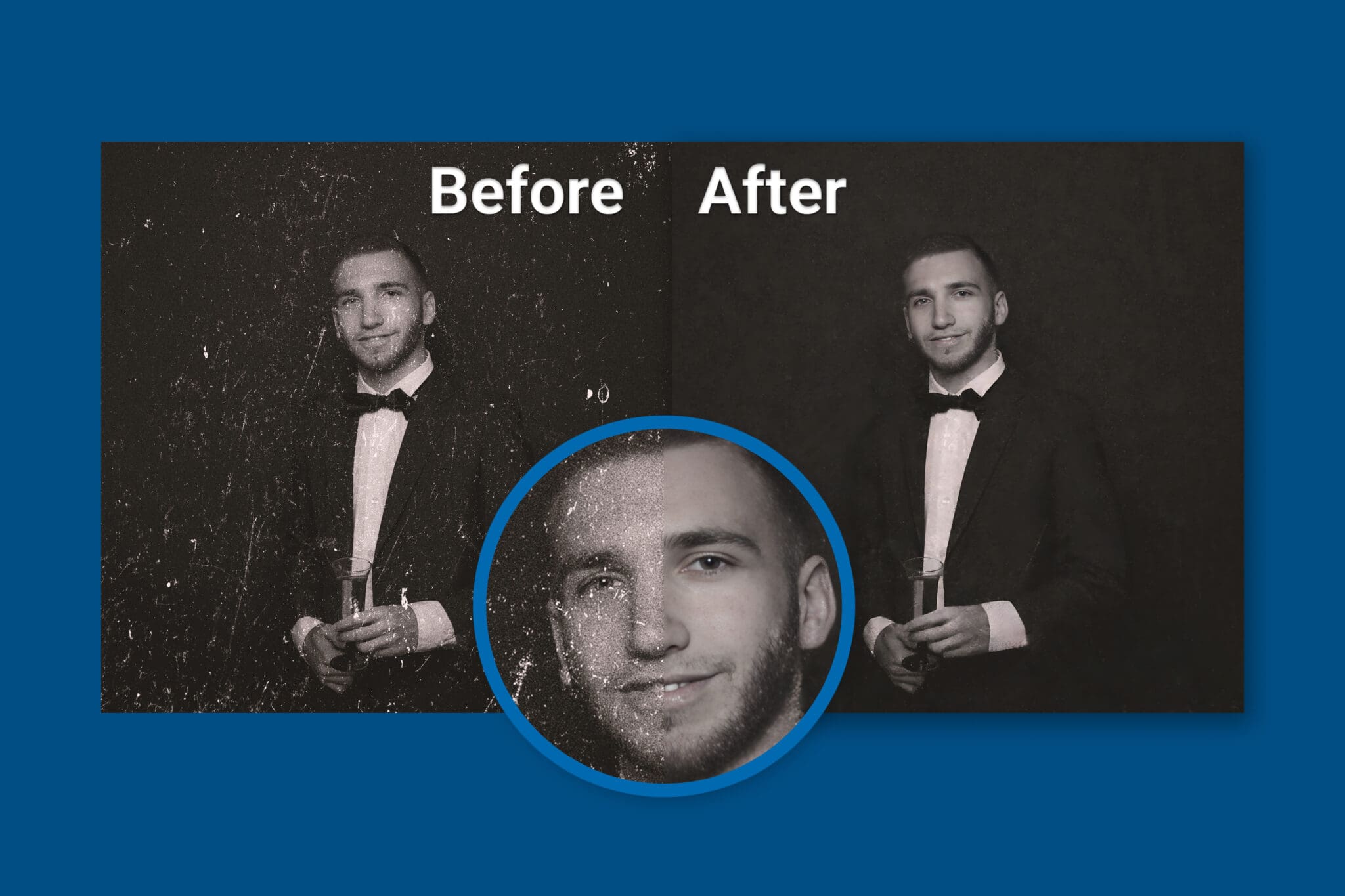 Before and after image of a young man in Black & White with dust removed