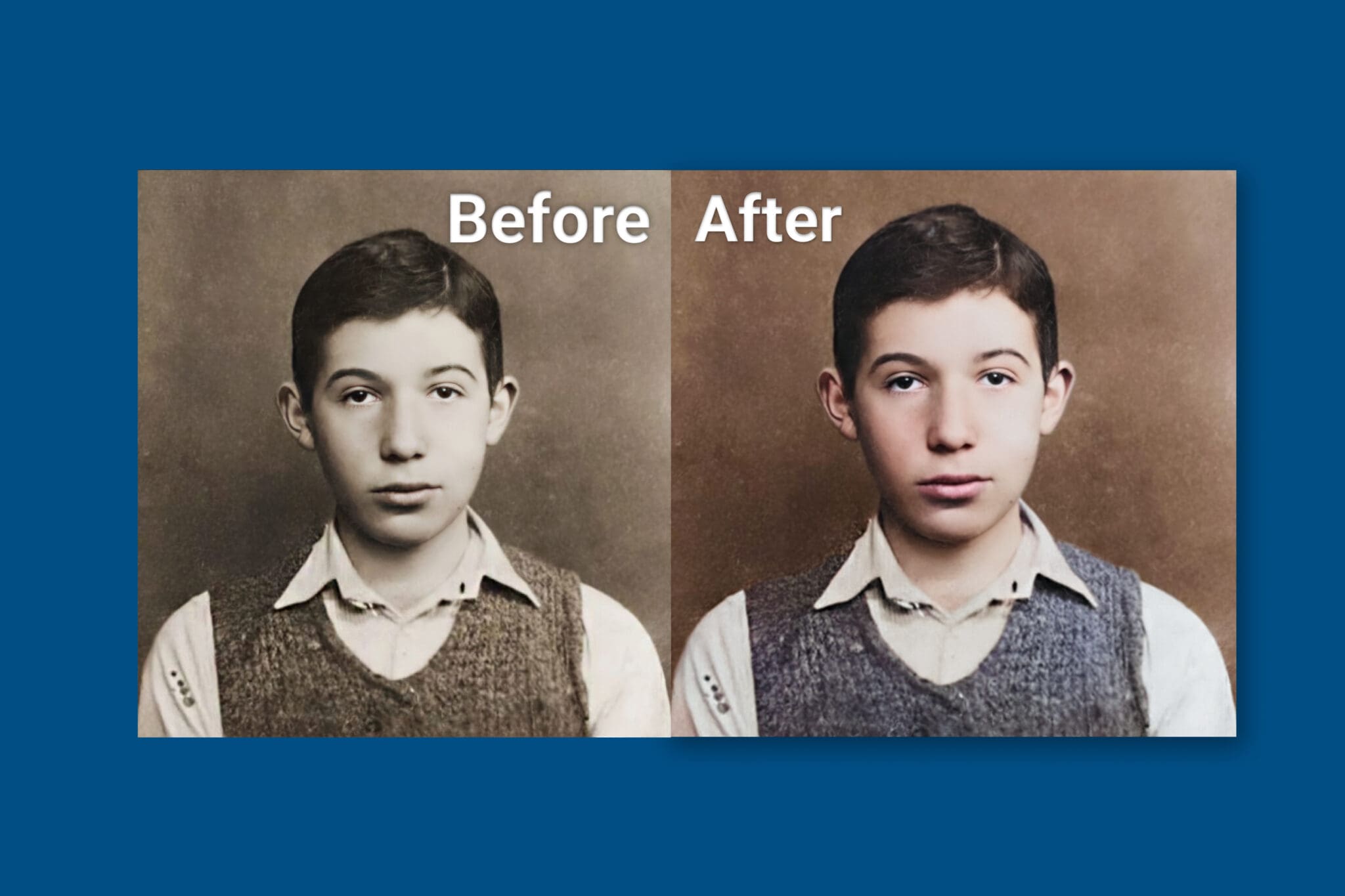 Before and after of old vintage photo being restored