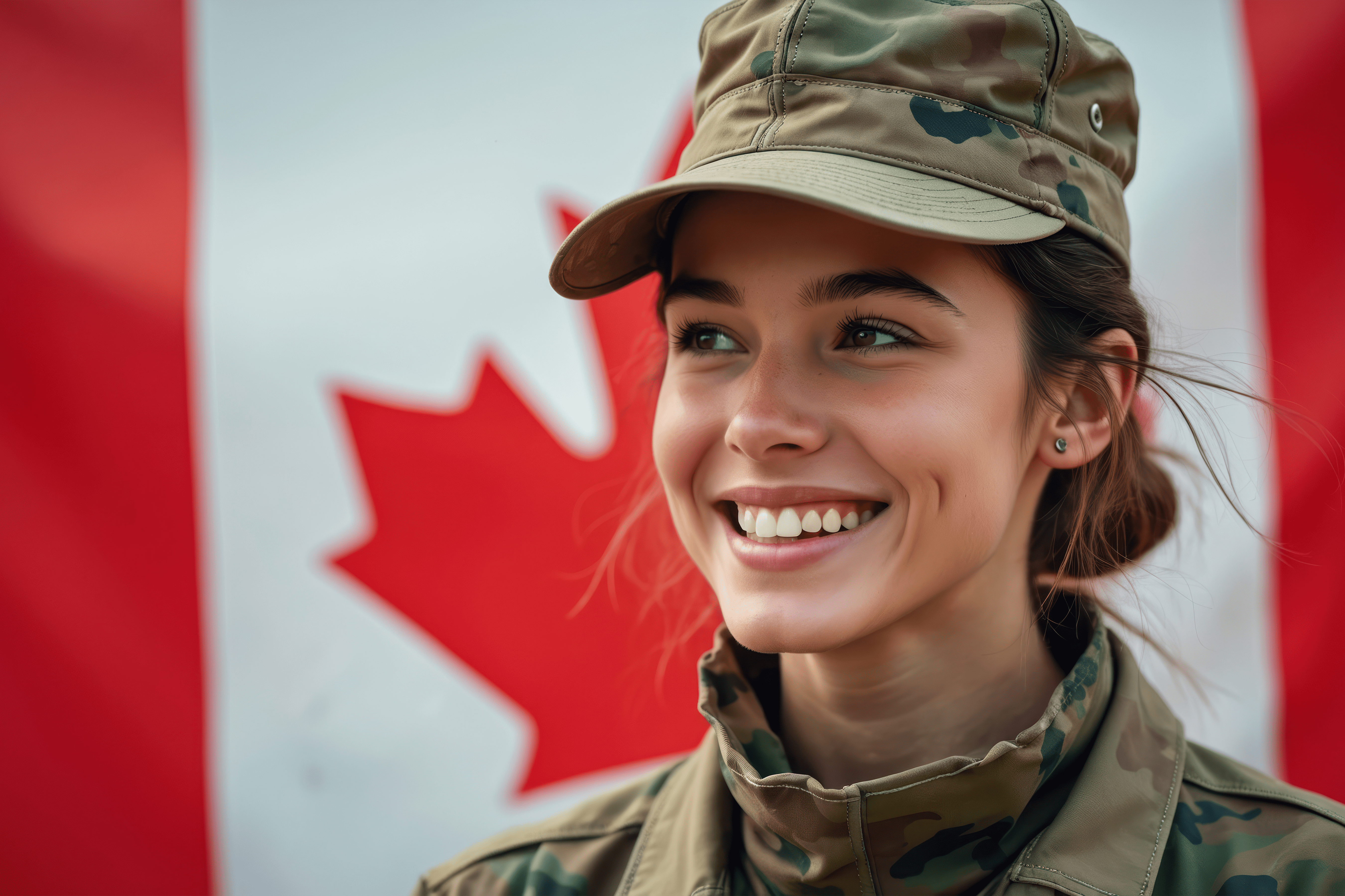 Female Canadian Veteran in front of Canadian Flag